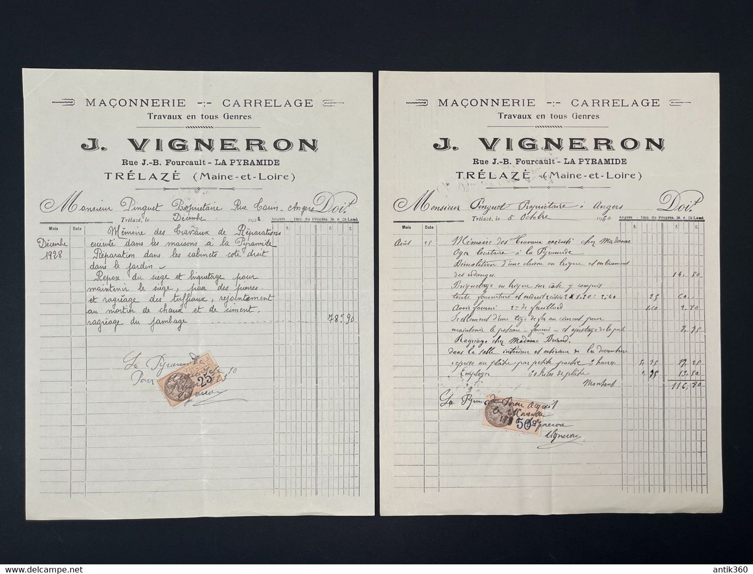 Lot De 2 Factures Anciennes Maçonnerie Carrelage J. VIGNERON LA PYRAMIDE TRELAZE ANGERS 1928 - 1900 – 1949