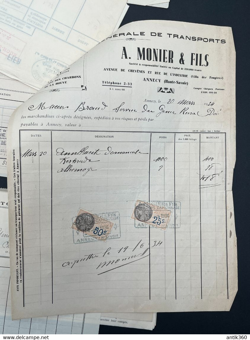 Lot De Factures Anciennes Et Mandats Bois Et Charbons MONIER Annecy Années 30 SA Des Forces Du Fier - 1900 – 1949