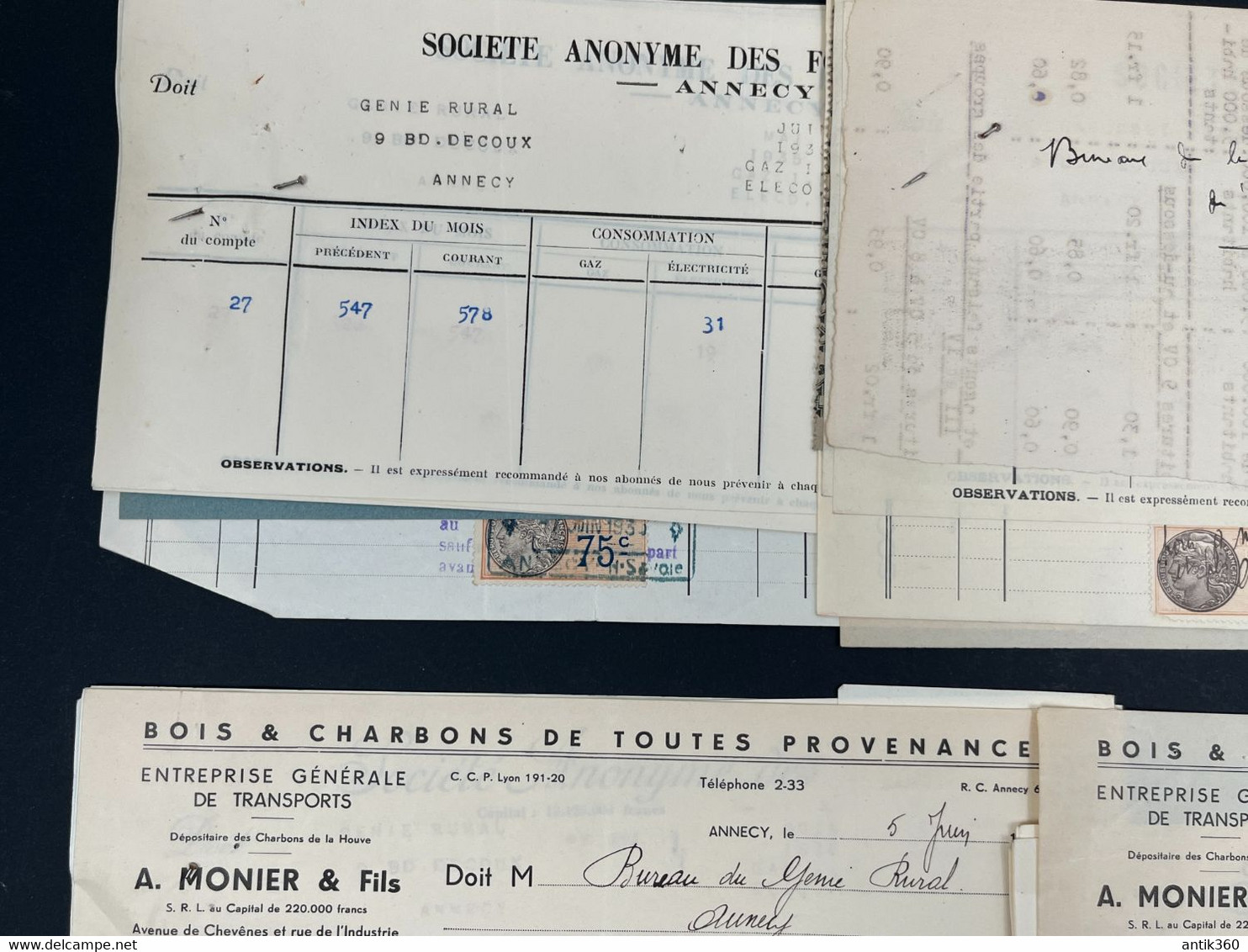 Lot De Factures Anciennes Et Mandats Bois Et Charbons MONIER Annecy Années 30 SA Des Forces Du Fier - 1900 – 1949