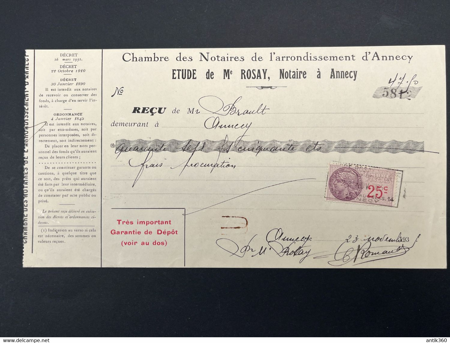 Facture Ancienne Reçu Chambre Des Notaires Arrondissement Annecy Etude Me ROSAY 1935 - 1900 – 1949