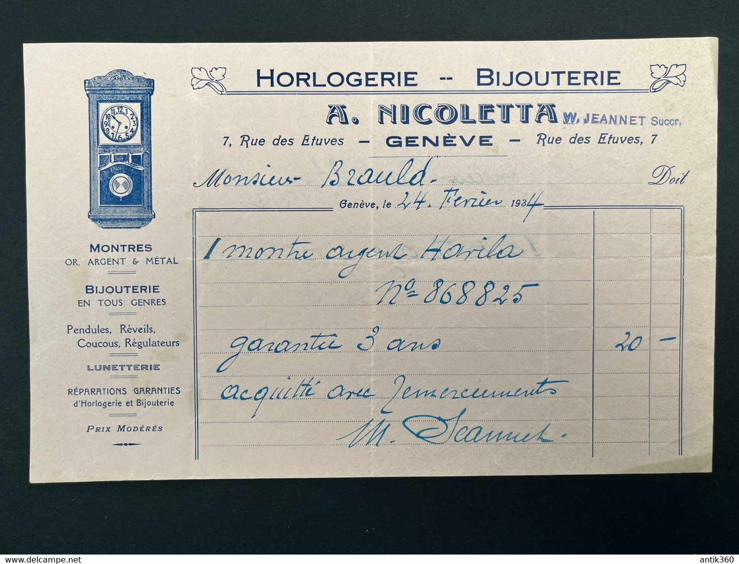 Facture Ancienne Horlogerie Bijouterie A. NICOLETTA 7 Rue Des Etuves GENEVE Suisse Montre Gousset Argent Havila 1934 - 1900 – 1949