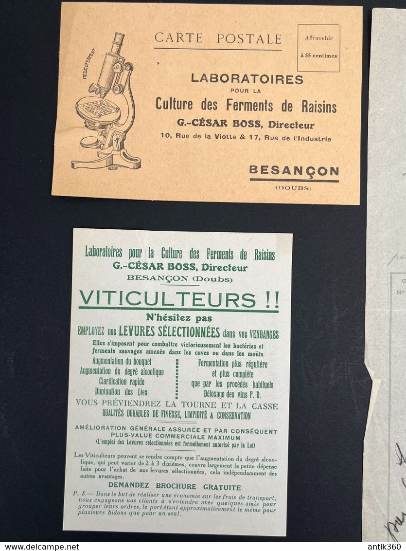 Lot De 4 Documents Dont Facture Ancienne Laboratoires Ferments Raisins CESAR-BOSS Besançon Vin Vigne Viticulture 1938 - 1900 – 1949