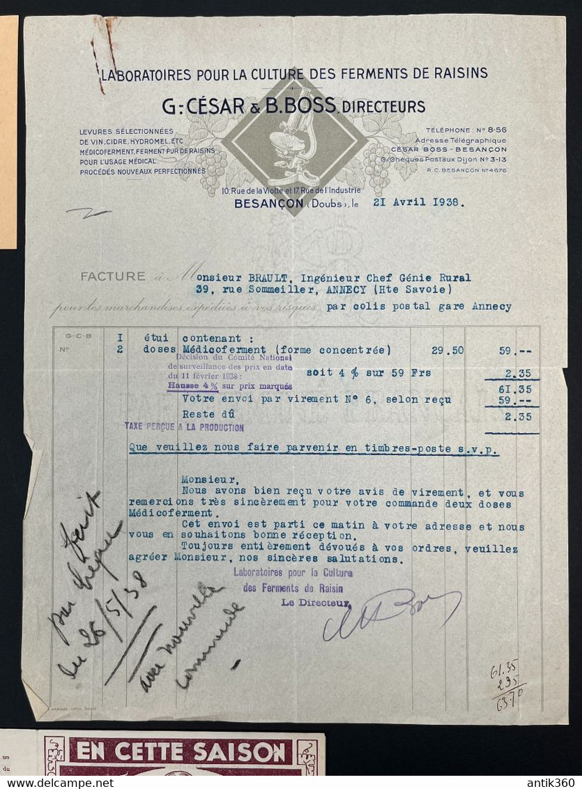 Lot De 4 Documents Dont Facture Ancienne Laboratoires Ferments Raisins CESAR-BOSS Besançon Vin Vigne Viticulture 1938 - 1900 – 1949