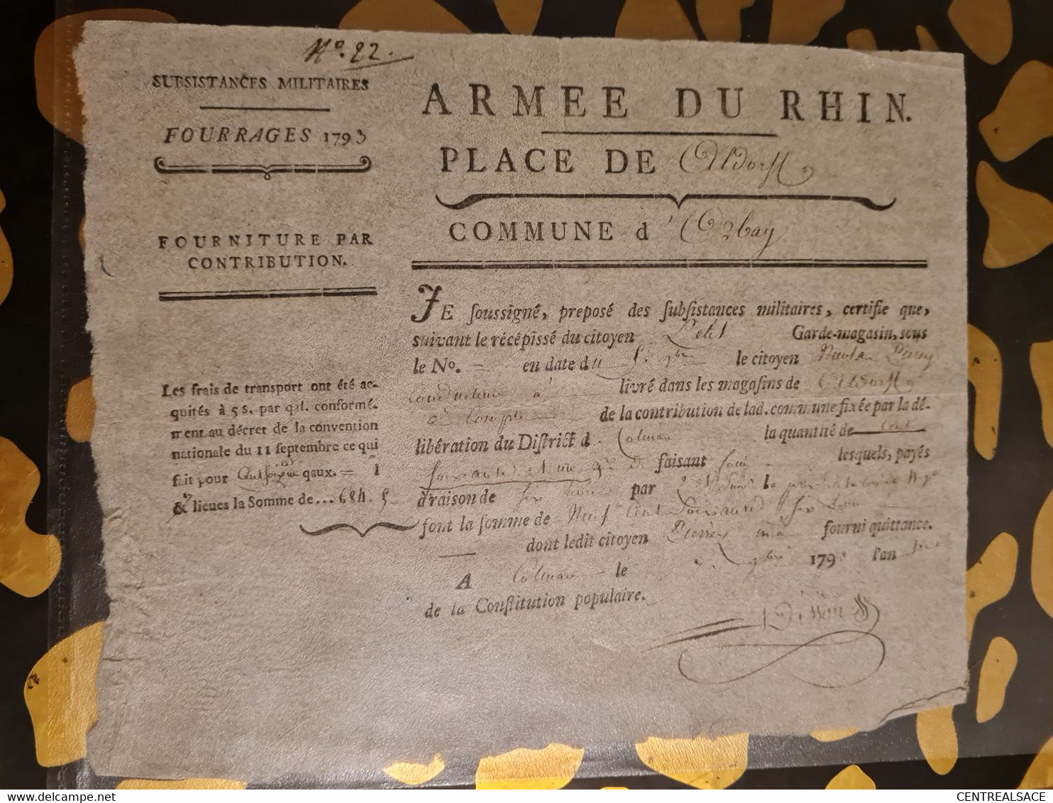 Armée Du Rhin 1793 Place D'ALTORF ORBEY FOURRAGES LIVRAISON - Historical Documents