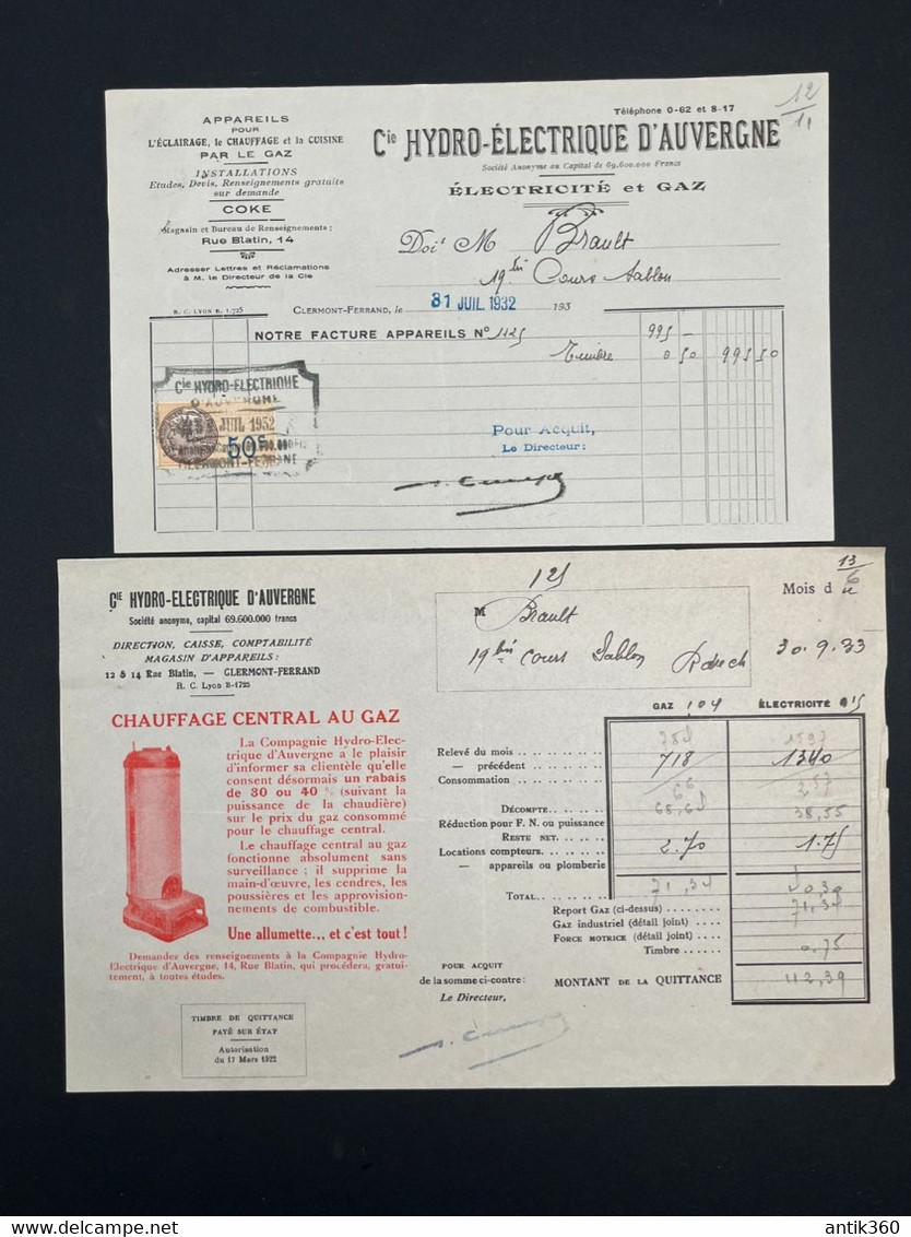 Lot De 2 Factures Anciennes Compagnie Hydro-électrique D'Auvergne Clermont Ferrand 1932 - 1900 – 1949