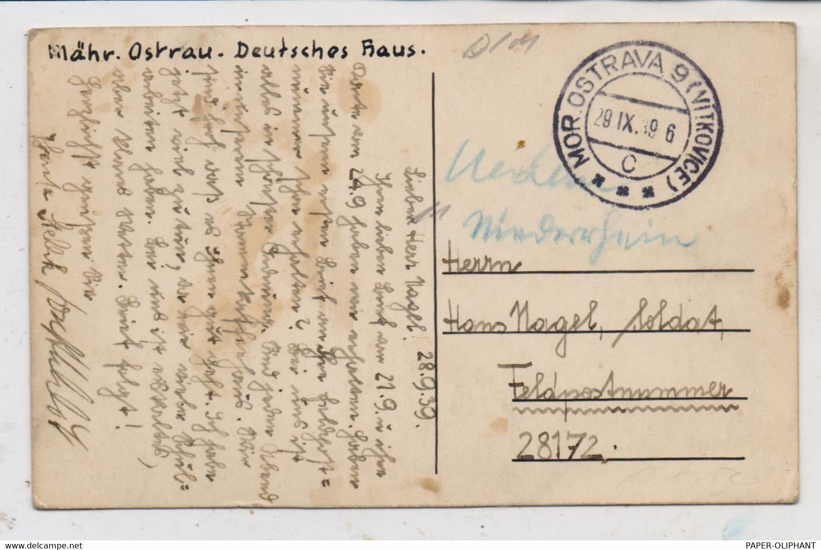 BÖHMEN & MÄHREN - MÄHRISCH OSTRAU / OSTRAVA, Deutsches Haus, 1939, Deutsche Feldpost, Handgemalt - Böhmen Und Mähren