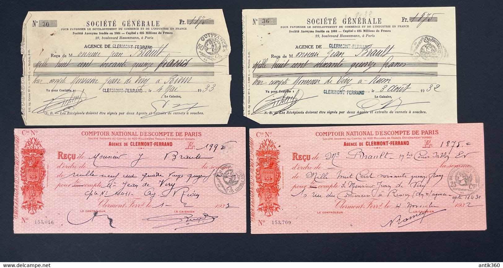 Lot De 4 Reçus / Factures Anciennes Société Générale Clermont Ferrand 1932-1933 - 1900 – 1949