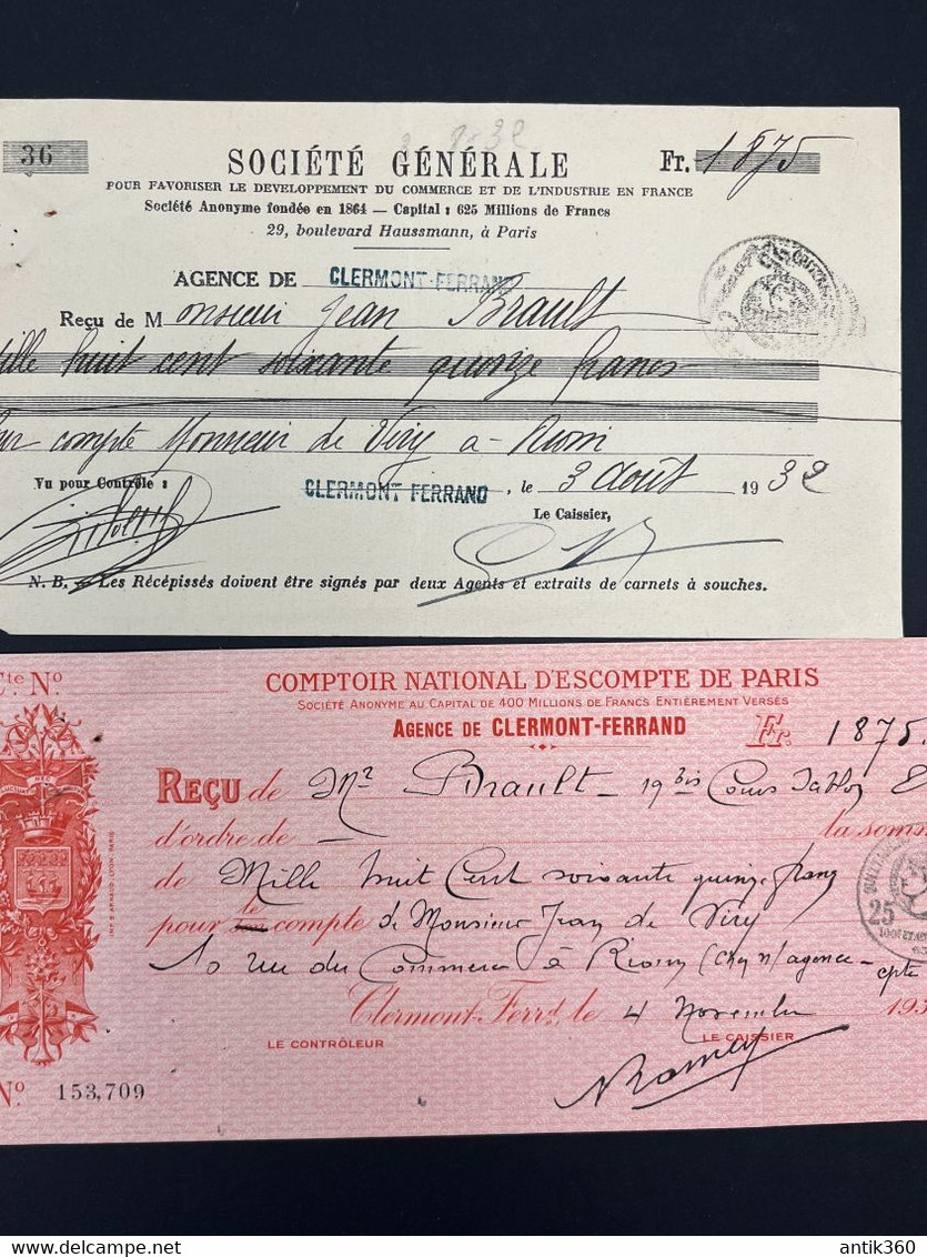 Lot De 4 Reçus / Factures Anciennes Société Générale Clermont Ferrand 1932-1933 - 1900 – 1949