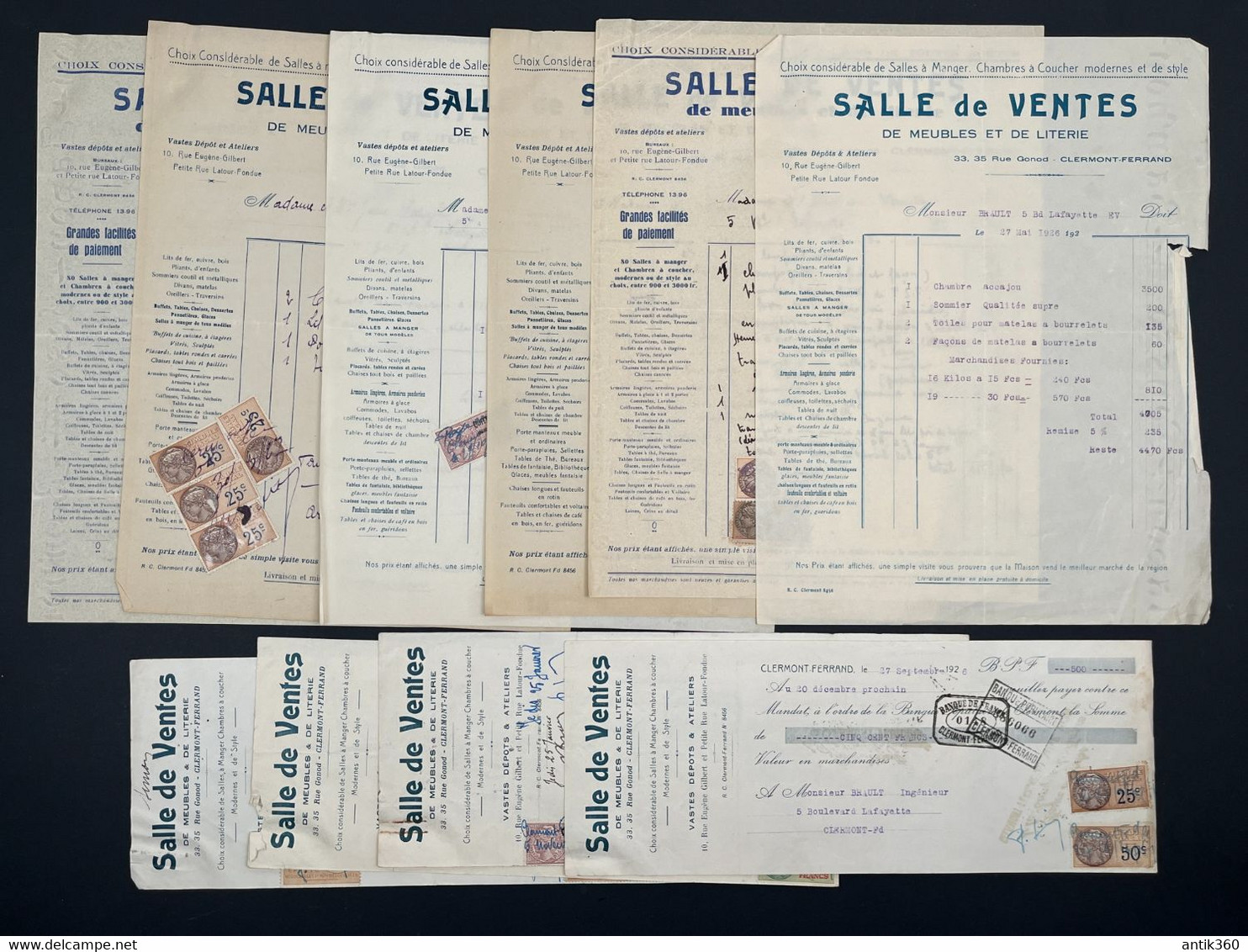 Lot De 10 Reçus / Factures Anciennes Salle Des Ventes Meubles Literie Clermont Ferrand 1926 à 1930 - 1900 – 1949