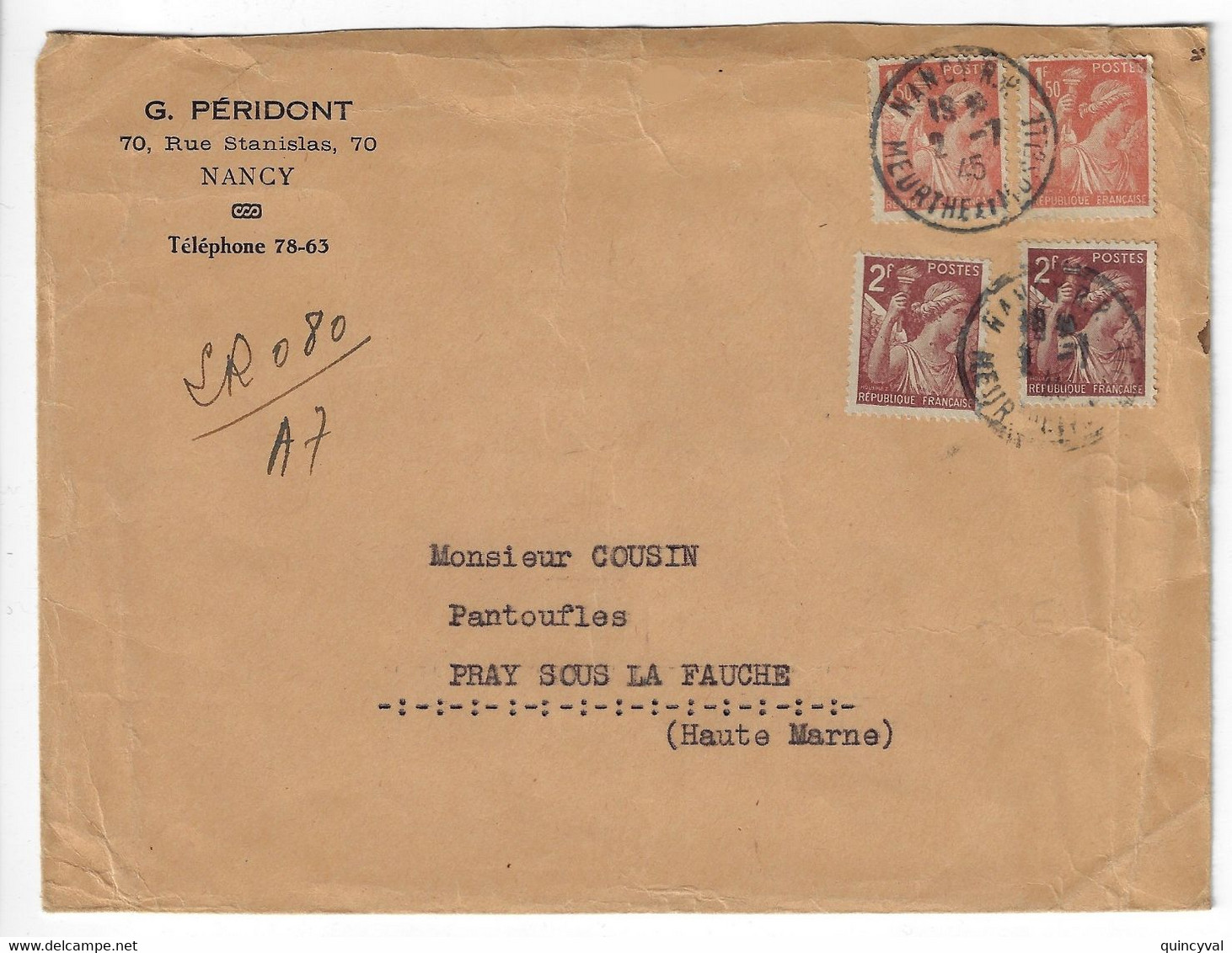 NANCY RP M Et M Lettre Recommandée Manuscrit Iris 1,50 F Rouge Brun 2F Brun Yv 652 653 Ob 2 7 1945 - Briefe U. Dokumente