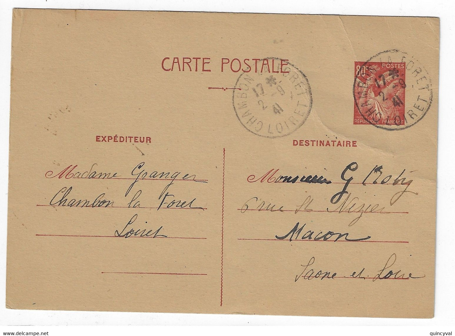 CHAMON LA FORET Loiret Carte Postale Entier 80c Iris Yv 431-CP2 O 2 9 1941 - Cartes Postales Types Et TSC (avant 1995)