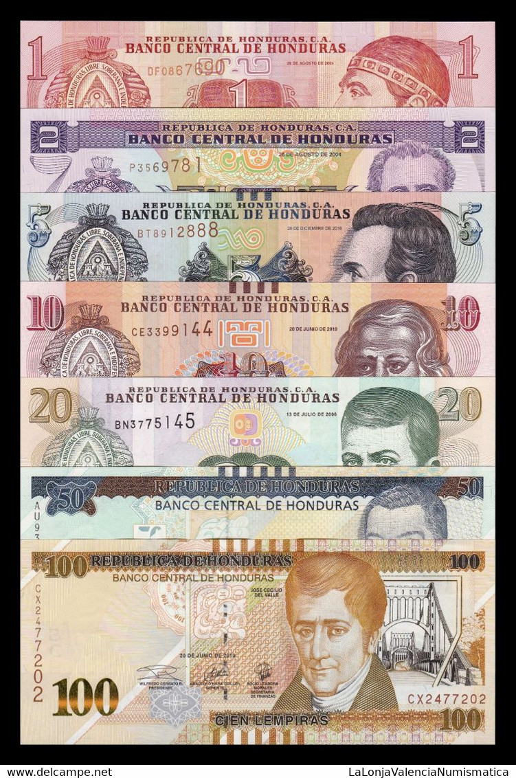 Honduras Set 7 Banknotes 1 2 5 10 20 50 100 Lempiras 2000-2019 Pick 84-104 SC UNC - Honduras