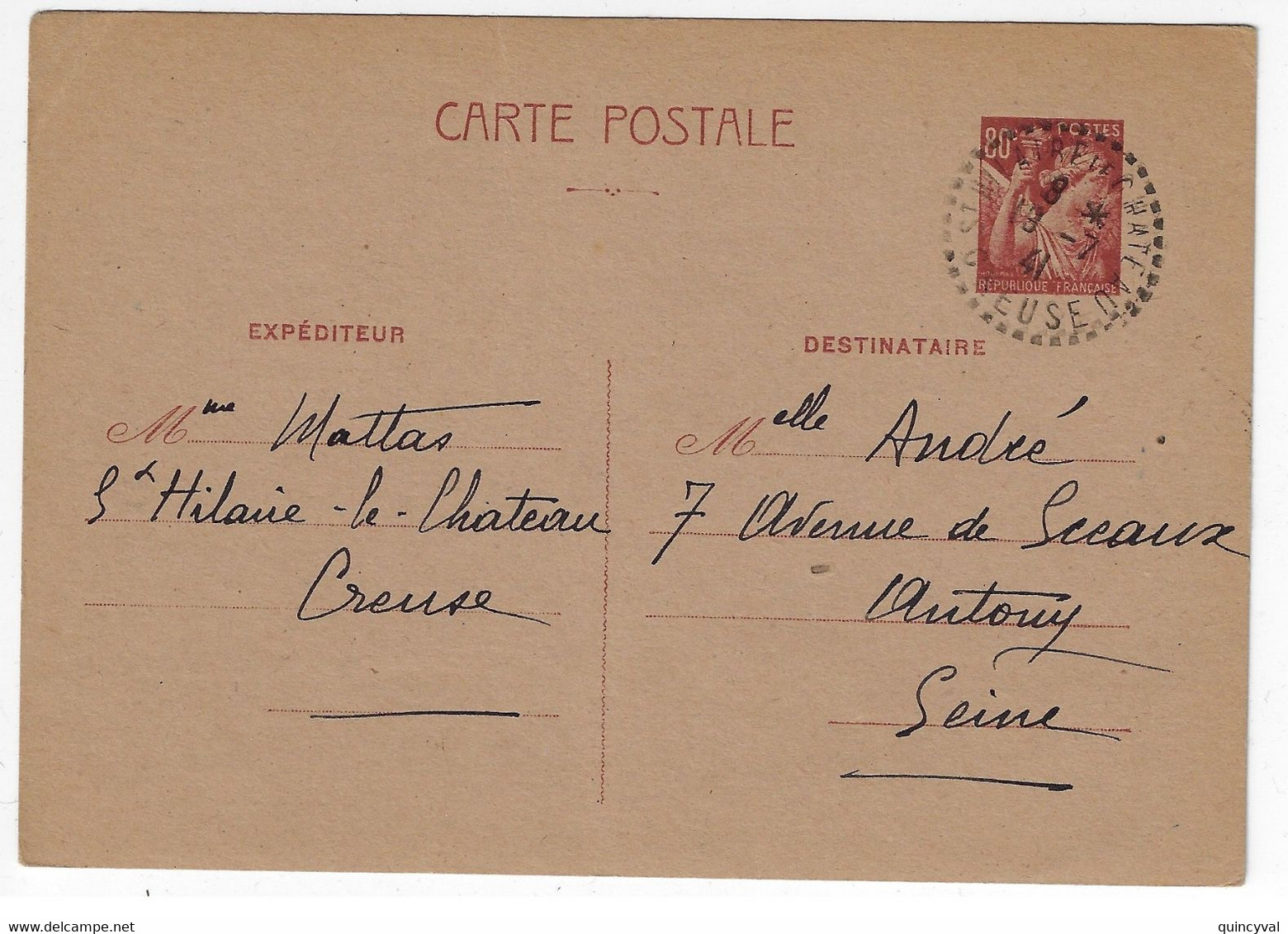 St HILAIRE Le CHÂTEAU Creuse Carte Postale Entier 80c Iris Yv 431-CP2 Ob 19 7 1941 - Standaardpostkaarten En TSC (Voor 1995)