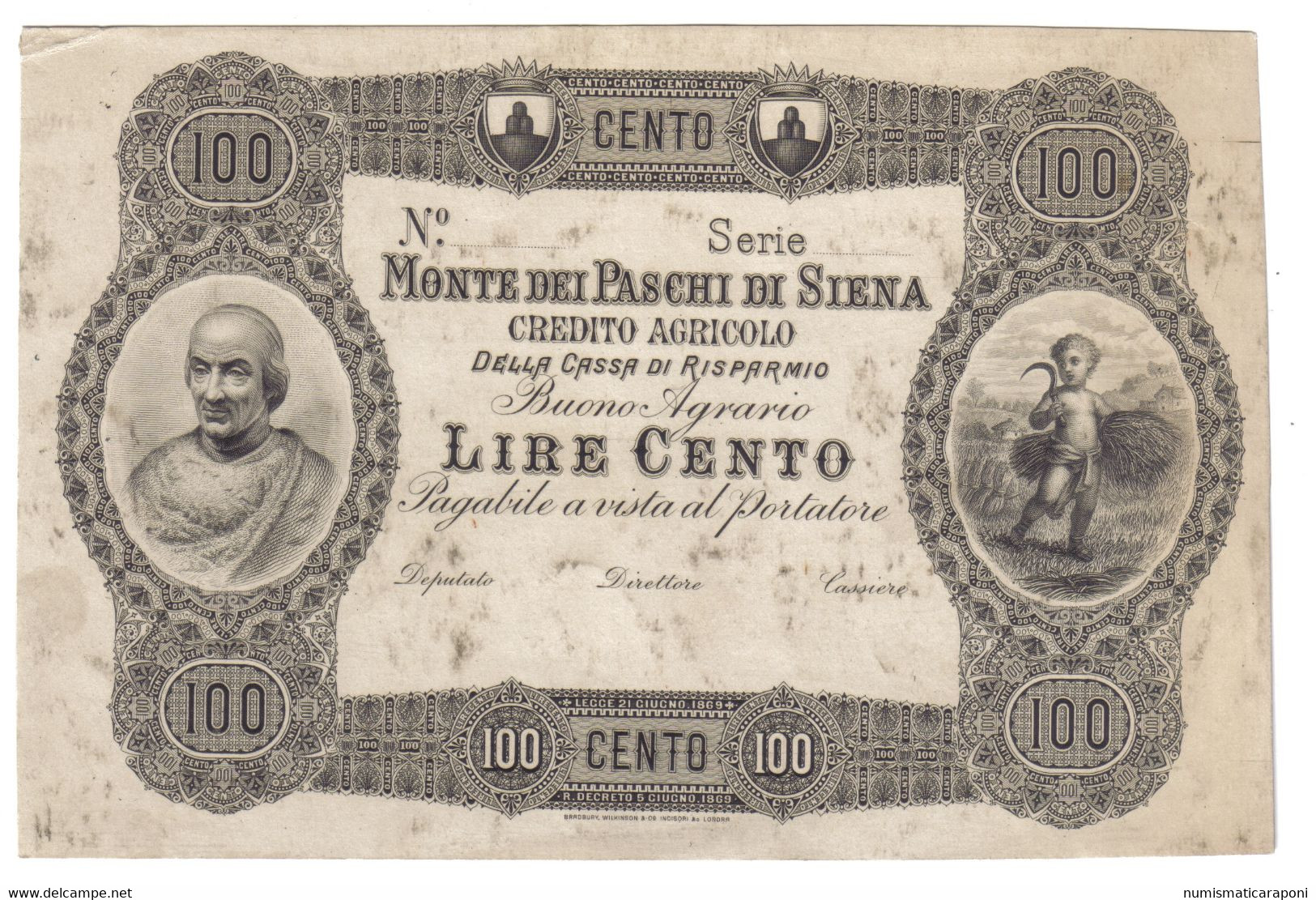 BUONI AGRARI MONTE DEI PASCHI DISIENA 100 LIRE CARTONCINO DI PROVA UNIFACE NON EMESSO Lotto.3174 - Collections