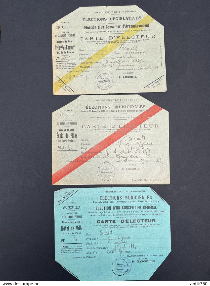 3 Anciennes Cartes D'Electeur Clermont Ferrand Puy De Dôme 1925 1928 - Non Classificati