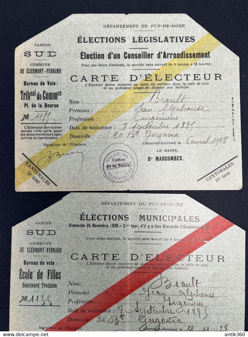 3 Anciennes Cartes D'Electeur Clermont Ferrand Puy De Dôme 1925 1928 - Non Classificati