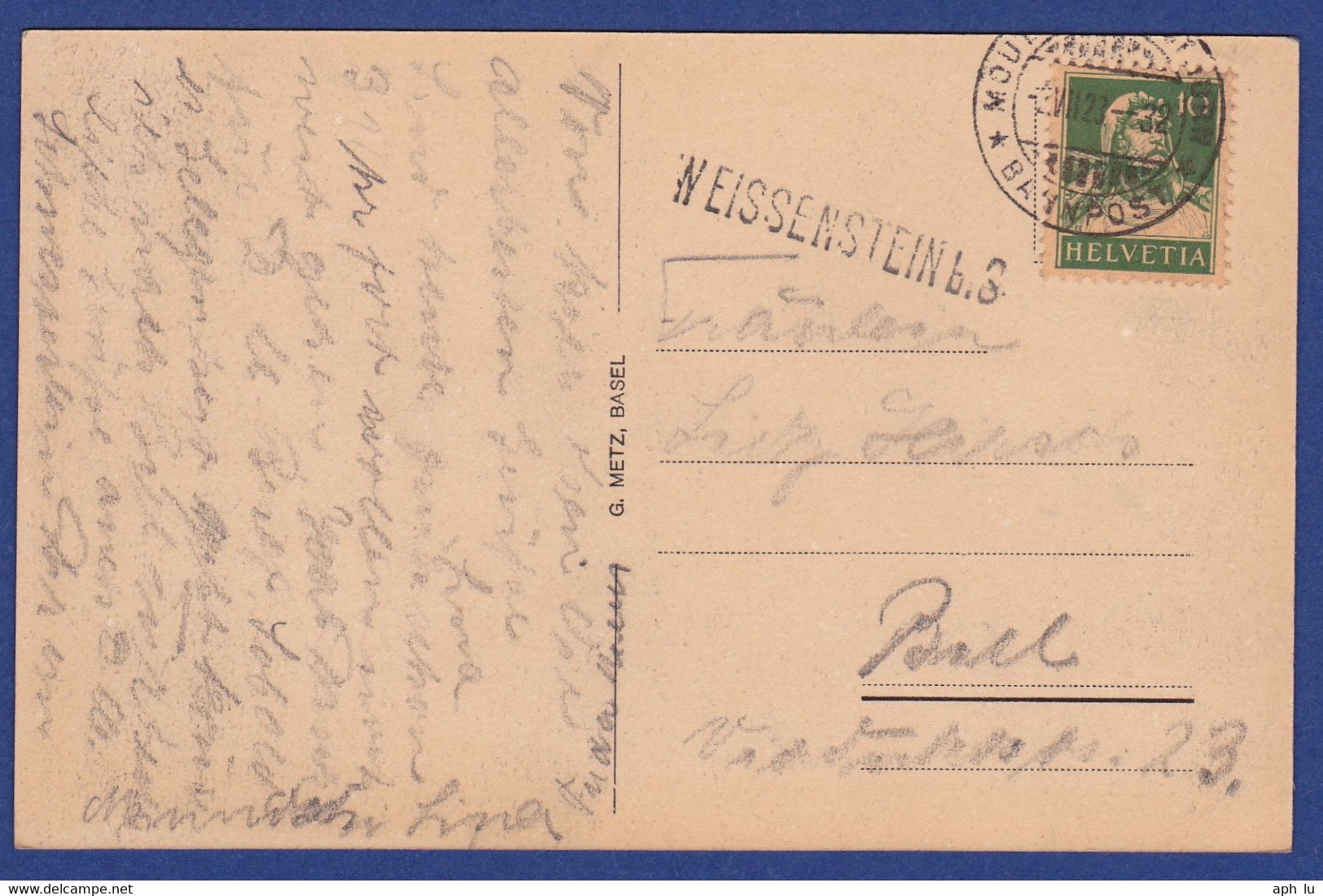 86B/54: Bahnpost "MOUTIER - SOLOTHURN / * BAHNPOST *", Stabstempel "WEISSENSTEIN B.S" (BP0065) - Railway