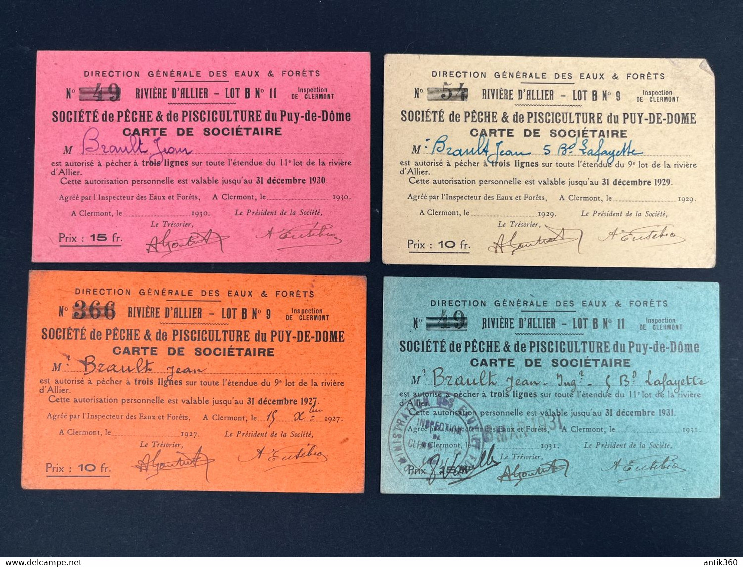 Lot 3 Anciennes Cartes De Pêche Pisciculture Puy De Dôme 1927 1929 1930 1931 - Cartes De Membre