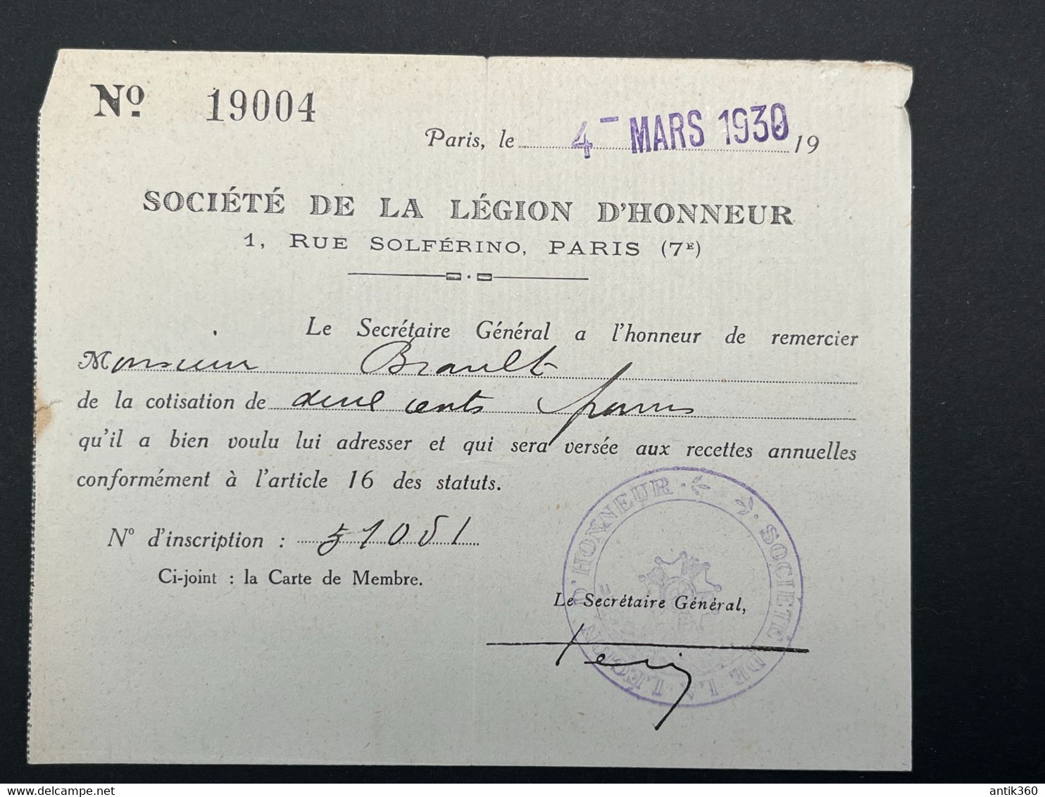 Ancienne Carte De Membre Société Légion D'Honneur 1930 - Tessere Associative