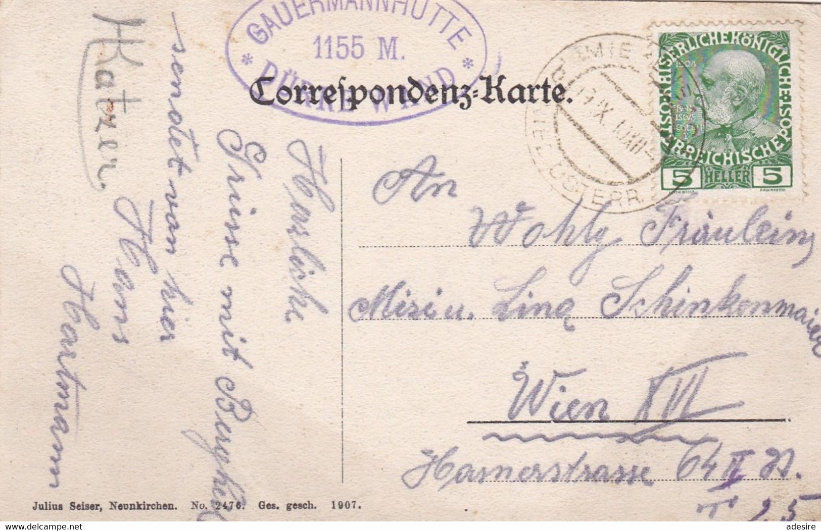 DÜRRE WAND - Gauermannhütte, Verlag Julius Seiser Neukirchen, Karte Gel.1910 ... - Raxgebiet