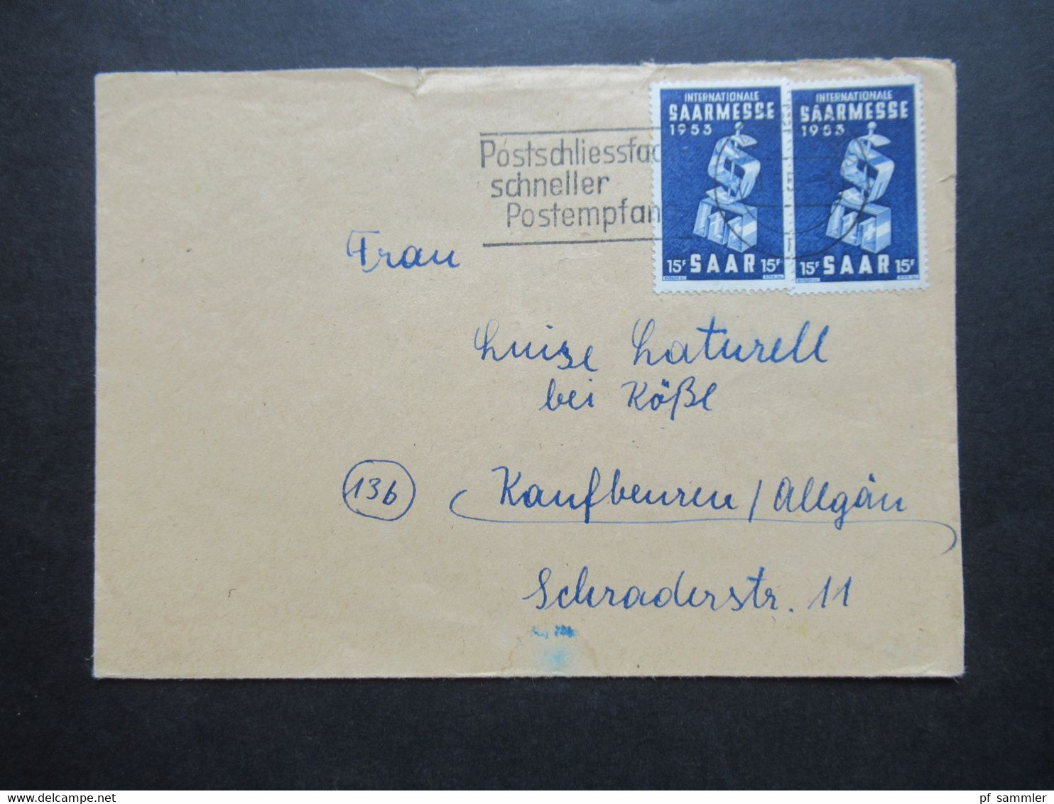 Saarland 1953 Nr.341 (2) MeF Internationale Saarmesse Werbestempel Postschliessfach Schneller Postempfang - Storia Postale