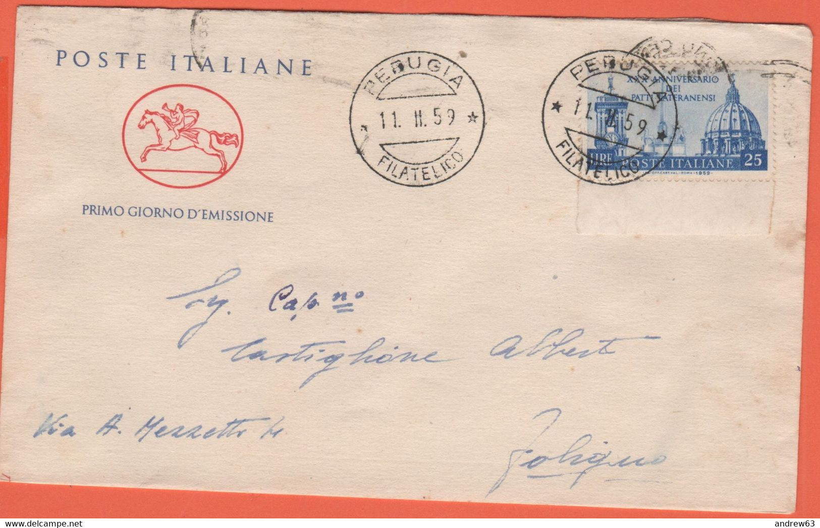 ITALIA - ITALY - ITALIE - 1959 - 30º Anniversario Dei Patti Lateranensi - FDC Su Busta Cavallino - FDC