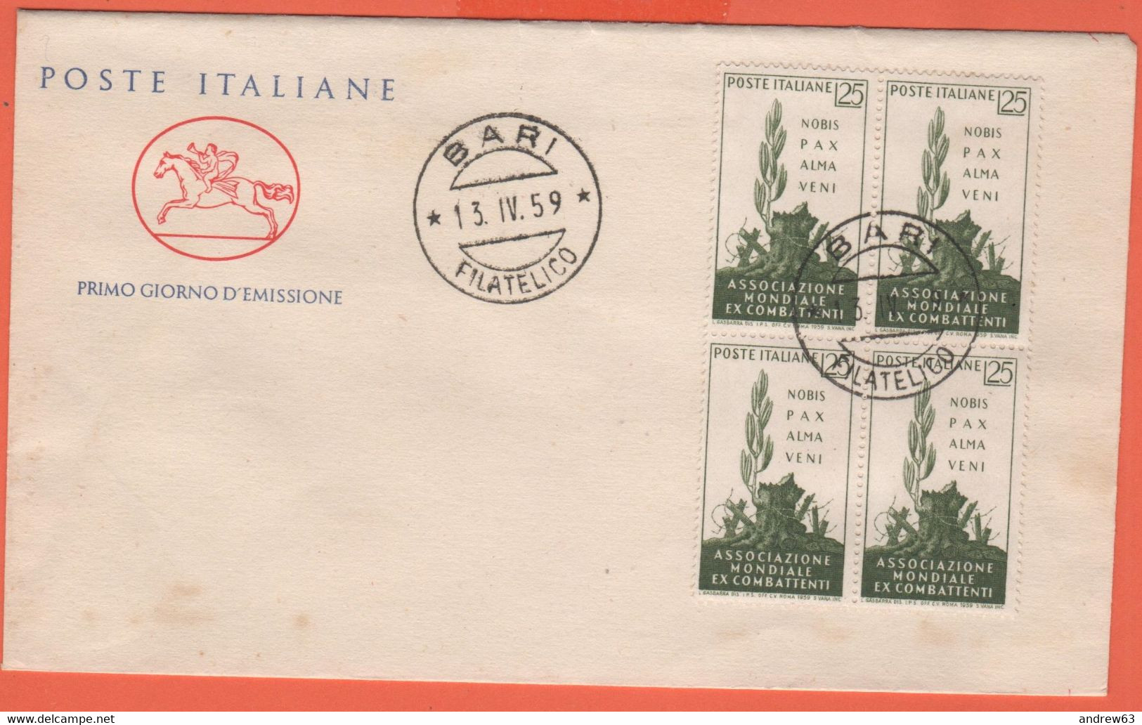 ITALIA - ITALY - ITALIE - 1959 - Assemblea Dell'associazione Mondiale Ex-combattenti In Quartina - FDC Cavallino - FDC
