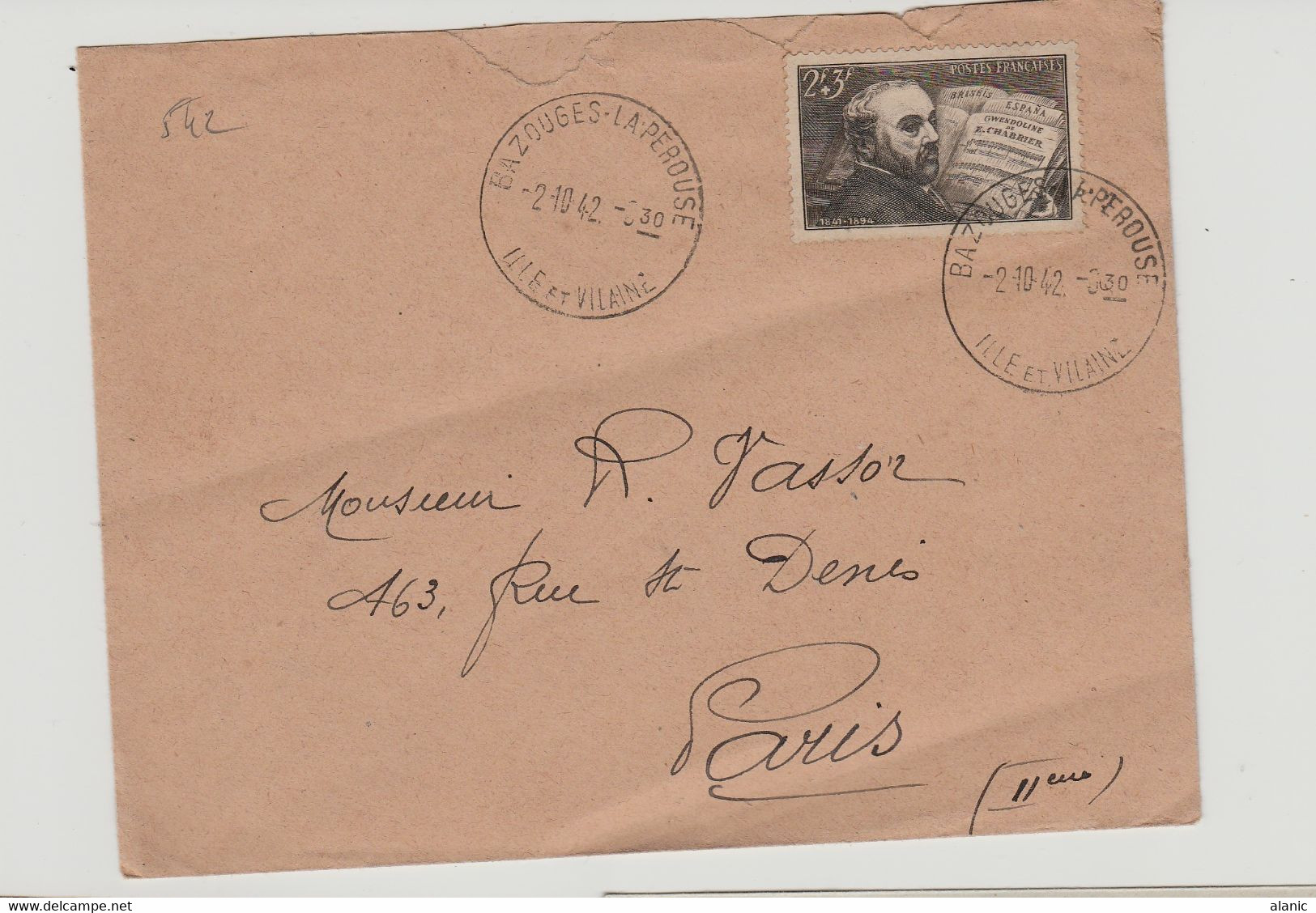 FRANCE N° 542 CHABRIER/BAZOUGES-LA-PEROUSE 2/10/42(Seul Sur Lettre) - ....-1949