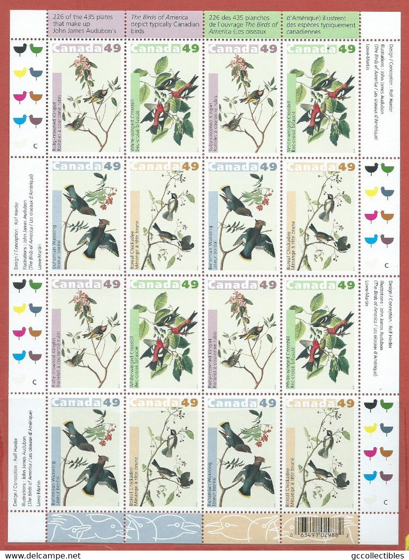 Canada # 2036-2039 (2039a) Full Pane Of 16 - John James Audubon's Birds - 2 - Feuilles Complètes Et Multiples