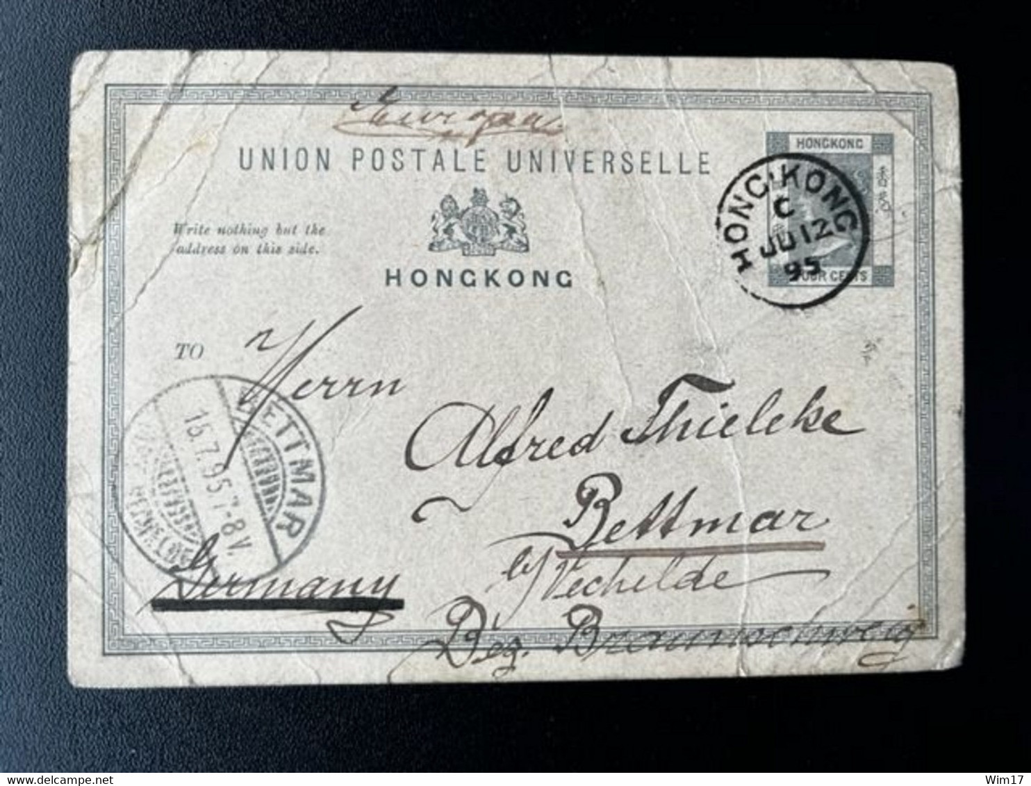 HONG KONG 1895 POSTCARD HONGKONG TO BETTMAR GERMANY 12-06-1895 (DAMAGED) - Briefe U. Dokumente