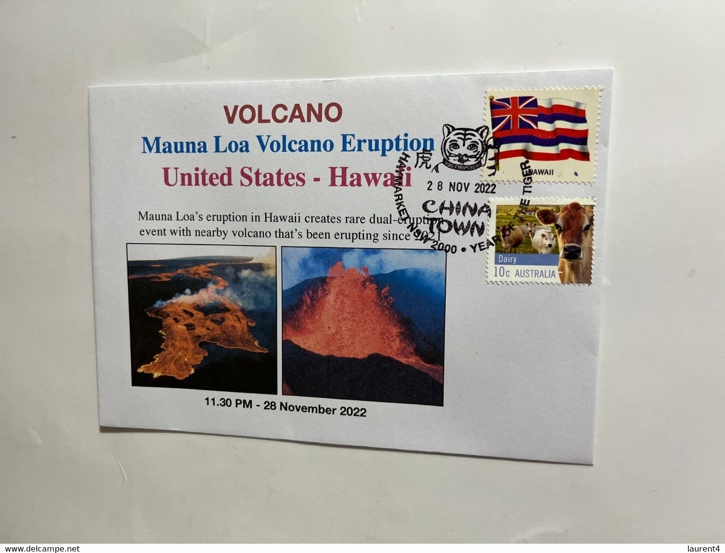 (3 M 32) 28-11-2022 - USA Mauna Loa Volcano Eruption In Hawaii - Hawaii Flag Stamp + OZ Stamp - Vulcani