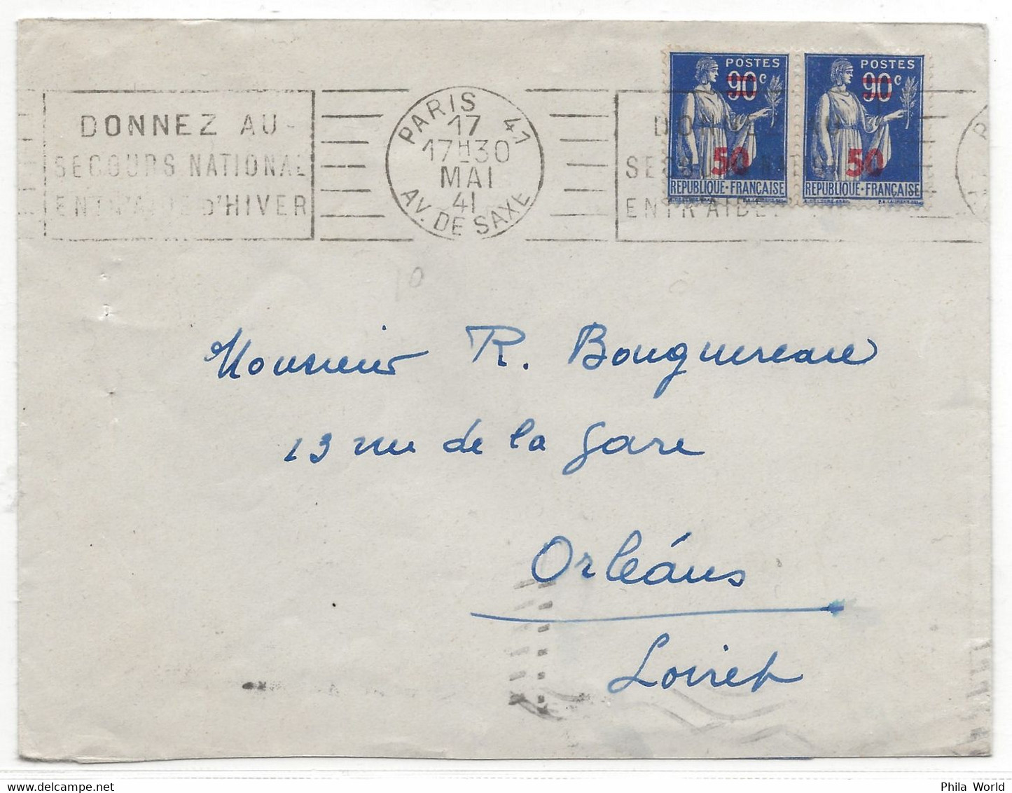 WW2 FRANCE 1941 Type PAIX Surcharge PARIS 41 SAXE DONNEZ SECOURS NATIONAL ENTRAIDE HIVER > Orleans LOIRET - Storia Postale