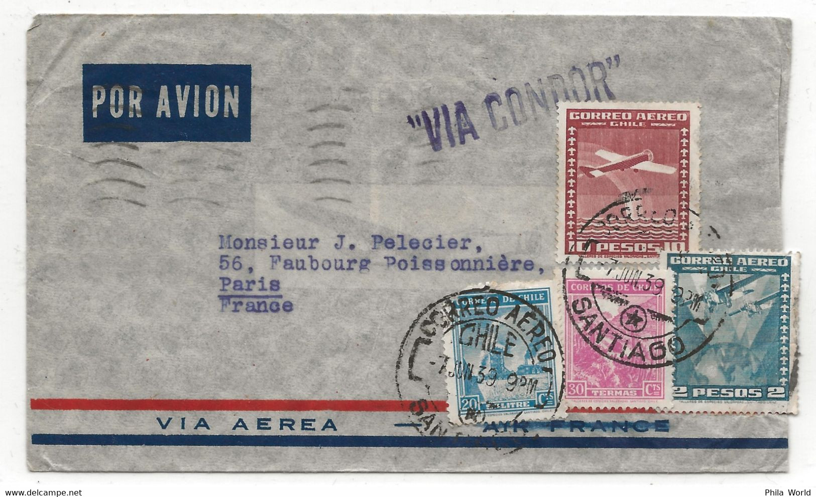 CONDOR LUFTHANSA 1939 CHILI Chile CORREO AEREO POR AVION > Paris FRANCE Air Mail Cover Via MARSEILLE GARE - Aviones