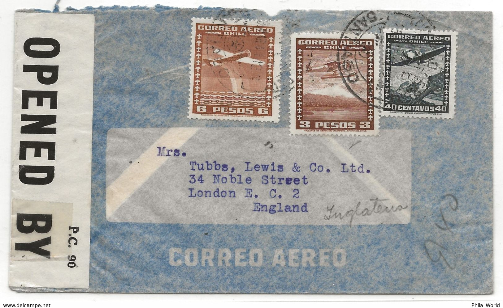 WW2 CHILE Chili Air Mail Cover > LONDON England Censored OPENED EXAMINER 5691 - Briefe U. Dokumente