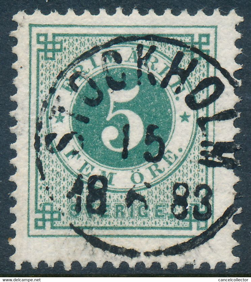 Sweden Suède Sverige 1877: Facit 30f, 5ö Olivish Green Ringtyp P13, F+ Used, Nice Cancel (DCSV00364) - 1872-1891 Ringtyp