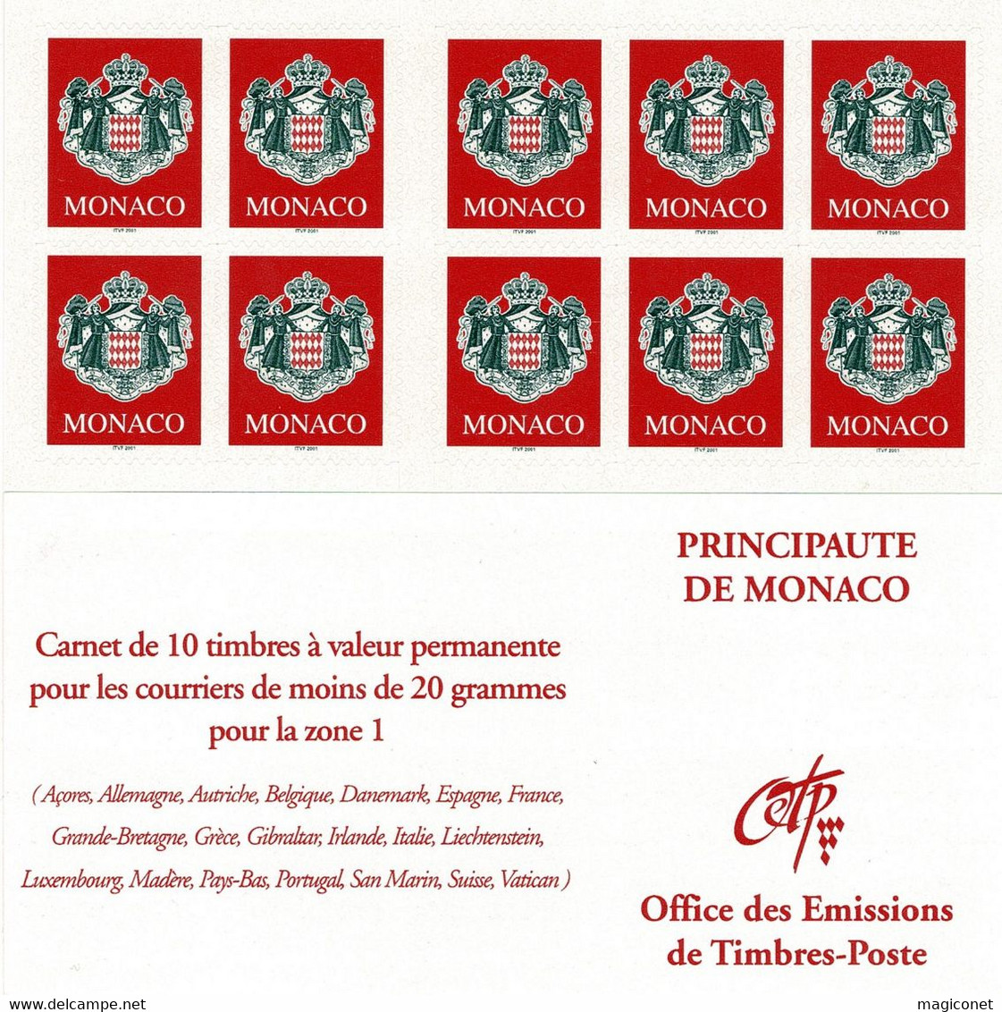 Monaco - Carnet De 10 Timbres Prioritaires Autocollants - Y&T  N°13** - 2000 - Markenheftchen