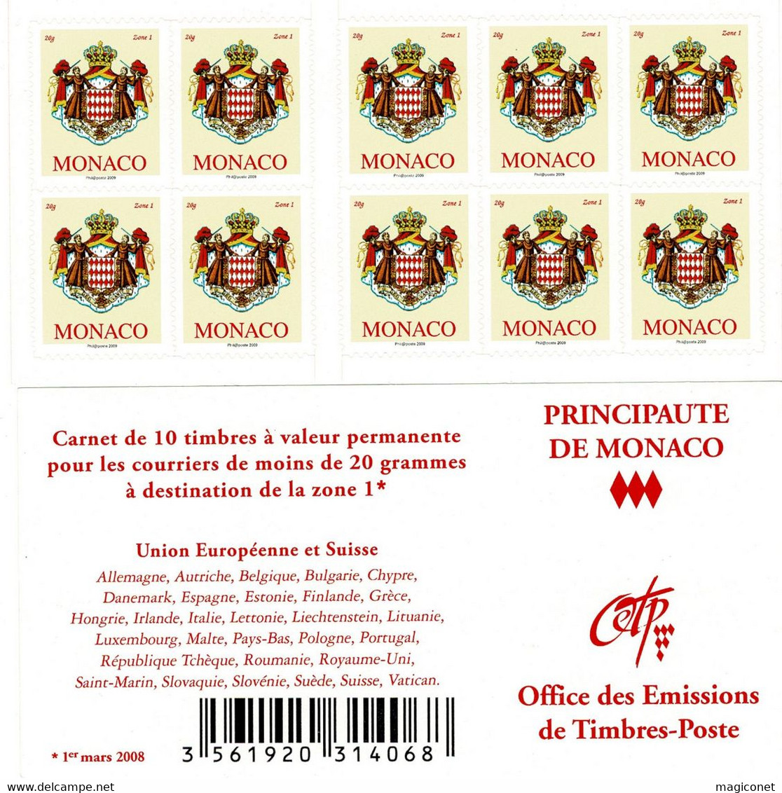 Monaco - Carnet De 10 Timbres "Zone 1"   Autocollants - Y&T  N°16** - 2009 - Carnets