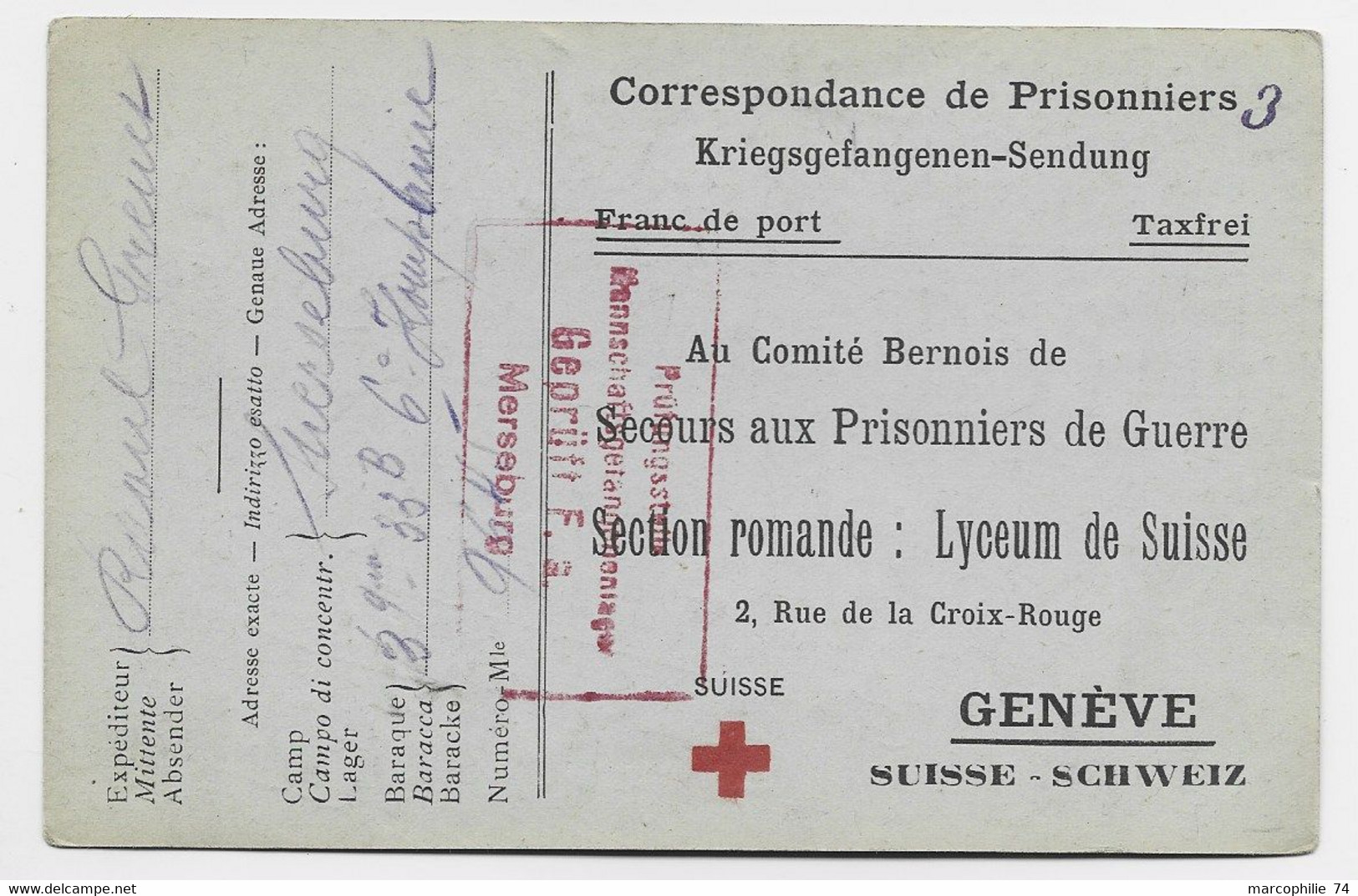 HELVETIA GERMANY  CARTE  PRISONNIERS KRIEGS  CAMP MERSEBURG ALLEMAGNE 1915 POUR COMITE BERNOIS SECTION ROMANDE GENEVE - Poststempel