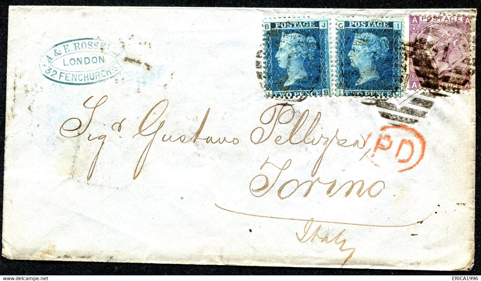 Z3486 GRAN BRETAGNA 1867 Lettera Affrancata Con QV 2  P. Coppia + 6 P. (tavola 6) (CU 27 + 29) Da Londra AU 5 67 Per Tor - Cartas & Documentos