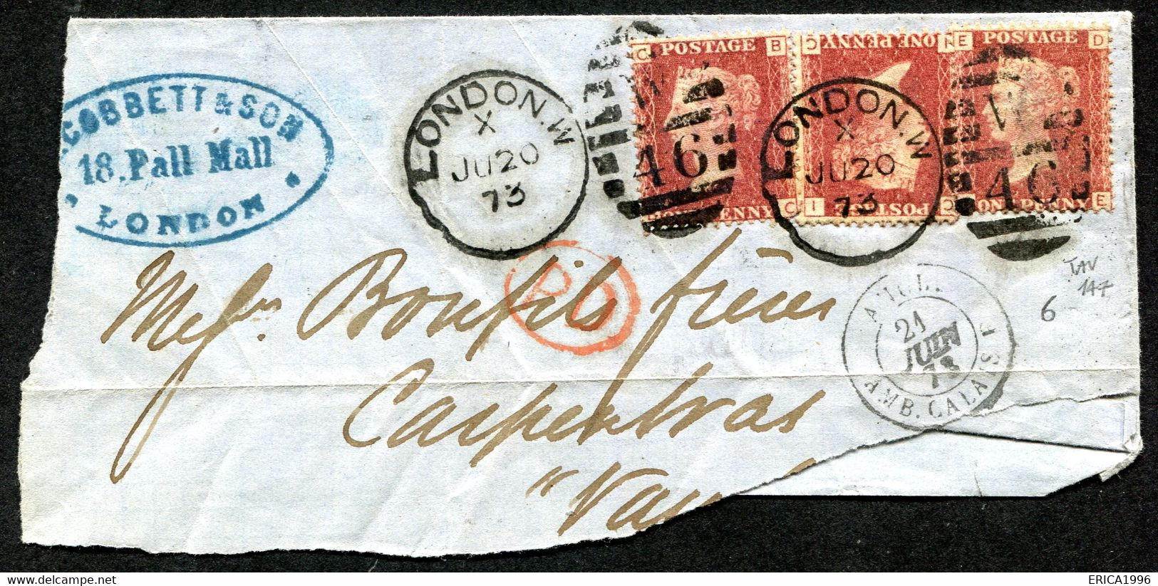 Z3488 GRAN BRETAGNA 1873 Grande Frammento Di Lettera Affrancata Con QV 1  P. 3 Esemplari (tavola 147) (CU 26) Da Londra - Storia Postale