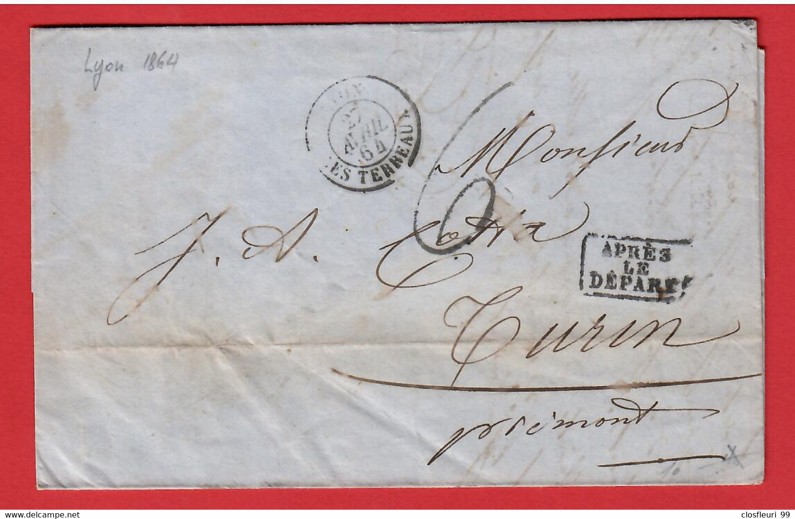 Lettre De Lyon 1864  Les Terreaux, Après Le Départ Pour Turin / Affr. 6Papier Entête - Unclassified