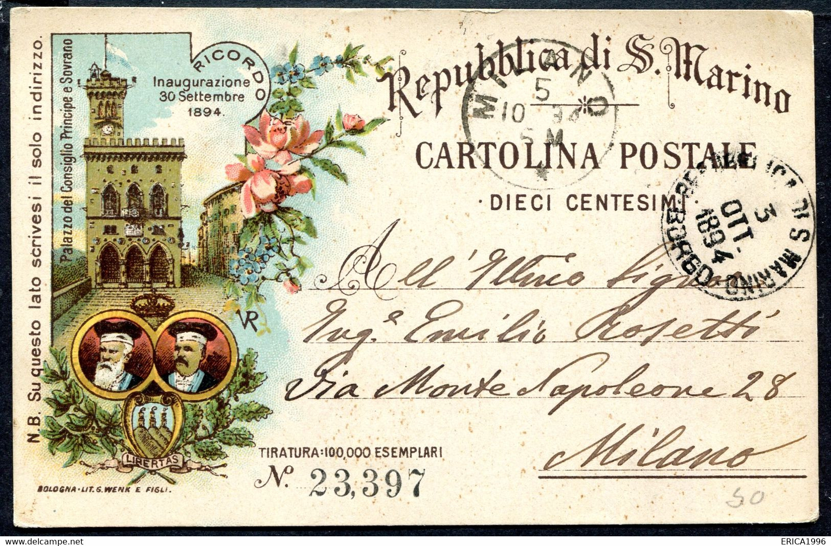 Z3480 SAN MARINO 1894 Cartolina Postale 10 Cent. (Fil. C6) Da San Marino 3 OTT 1894 Per Milano, Ottime Condizioni - Interi Postali