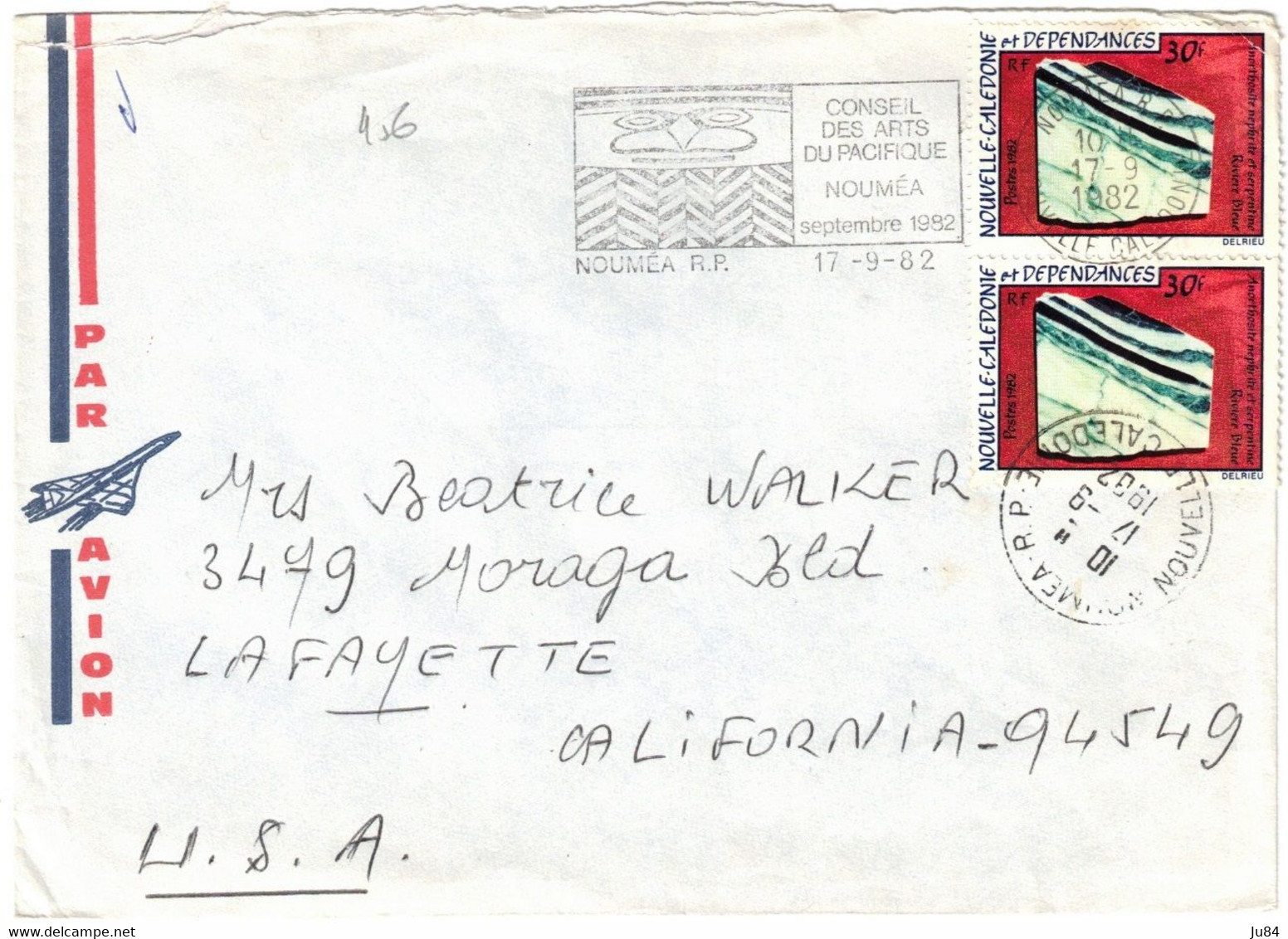 Nouvelle Calédonie - Nouméa - Lettre Avion Pour Lafayette California (USA) - 17 Septembre 1982 - Covers & Documents