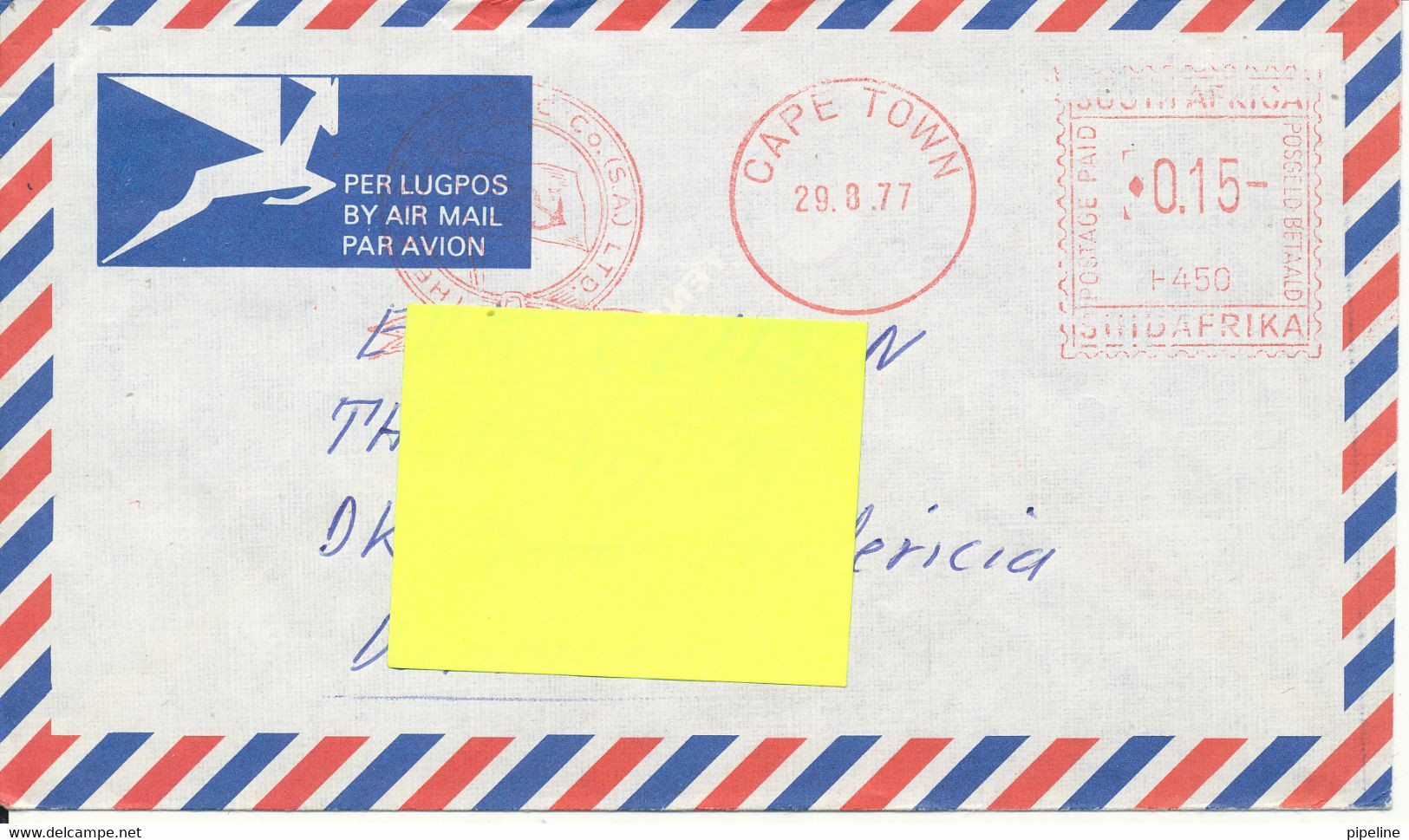 South Africa Air Mail Cover With Red Meter Cancel Sent To Denmark Cape Town 29-8-1977 - Poste Aérienne