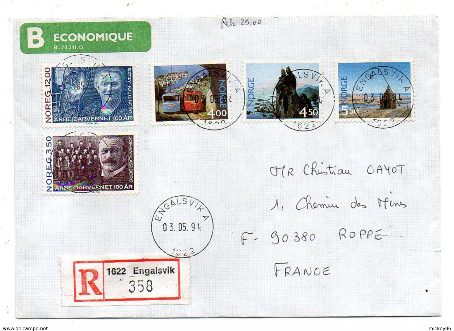 Norvège -1994--Lettre Recommandée ENGALSVIK  Pour ROPPE -90-- Composition De Timbres - Storia Postale