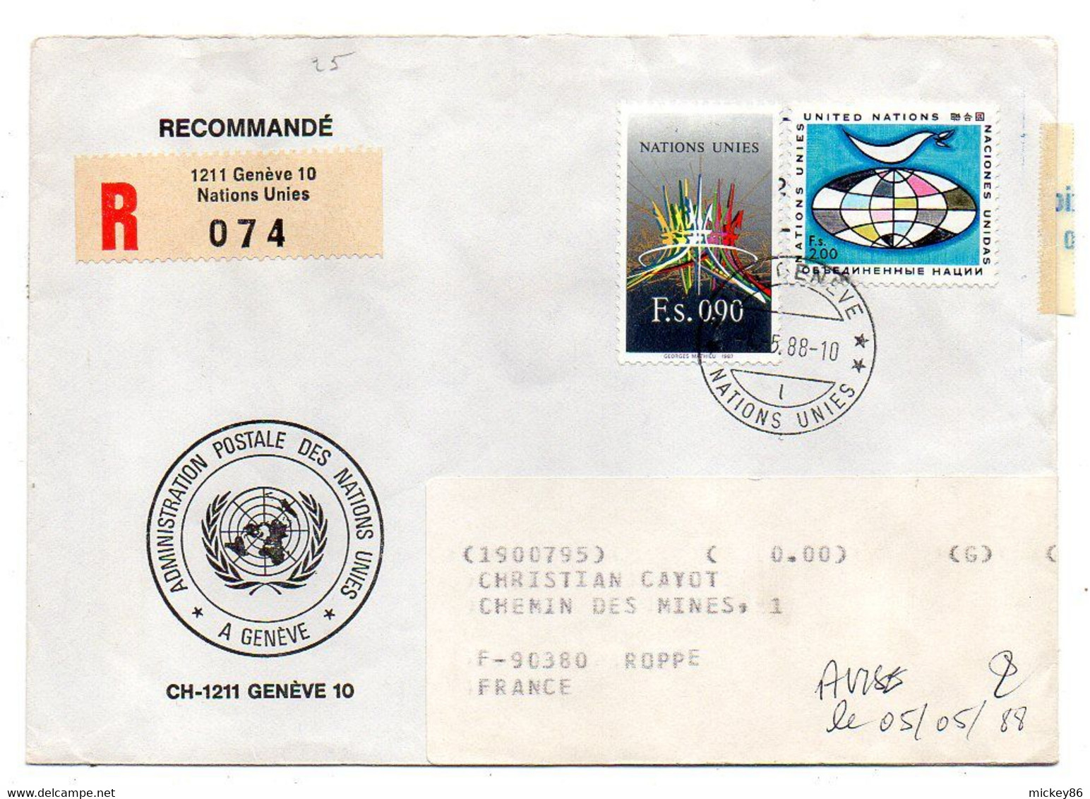 ONU--Nations Unies Genève --1988--Lettre Recommandée Pour ROPPE-90 (France)..composition De Timbres - UNO