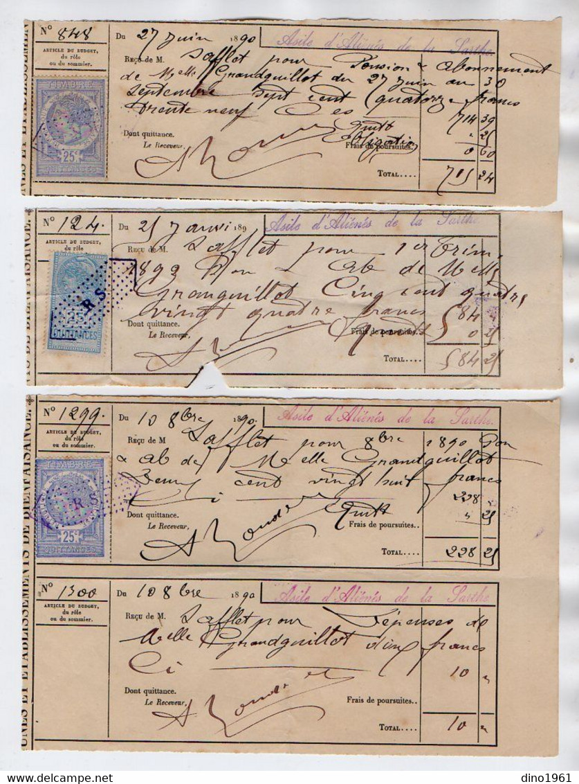 TB 3692 - LE MANS 1890 / 92 - Petit Lot De Timbres Fiscaux Sur Reçus : Asile D'Aliénés De La Sarthe - Melle GRANDGUILLOT - Lettres & Documents