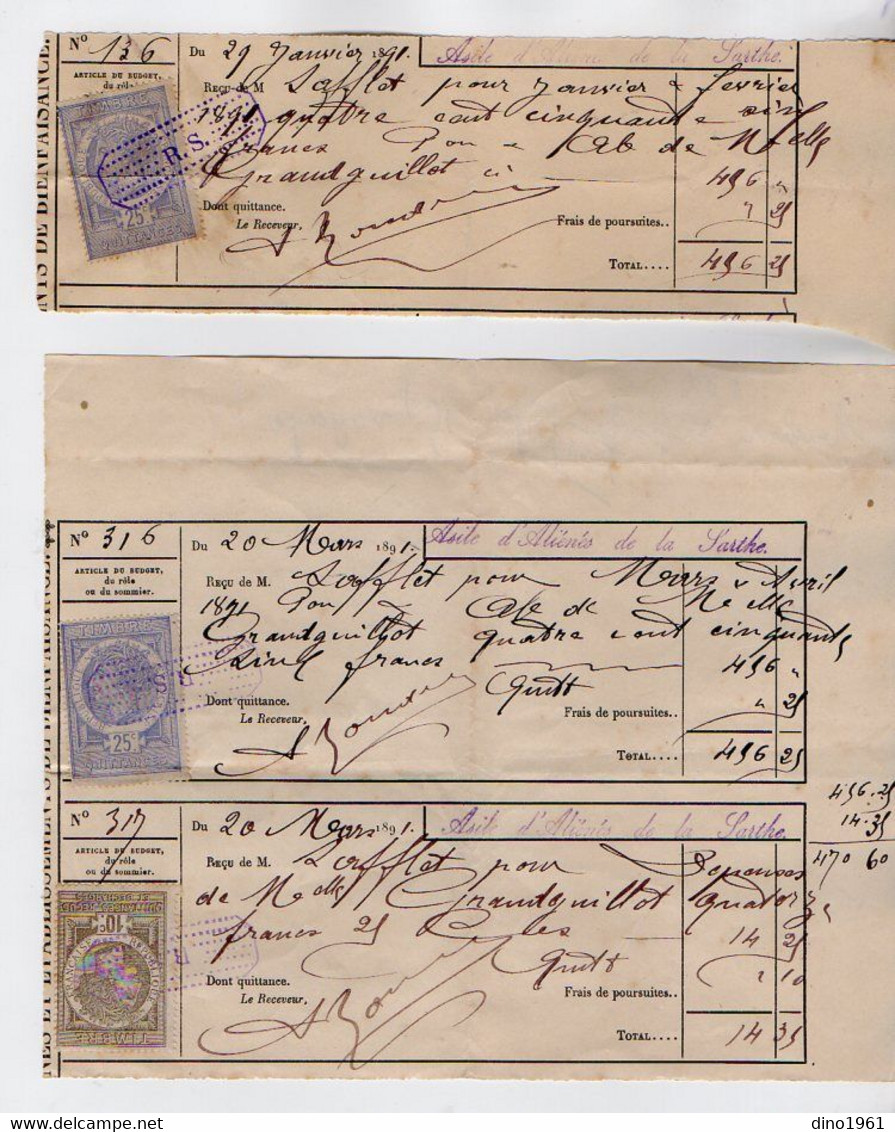 TB 3692 - LE MANS 1890 / 92 - Petit Lot De Timbres Fiscaux Sur Reçus : Asile D'Aliénés De La Sarthe - Melle GRANDGUILLOT - Lettres & Documents