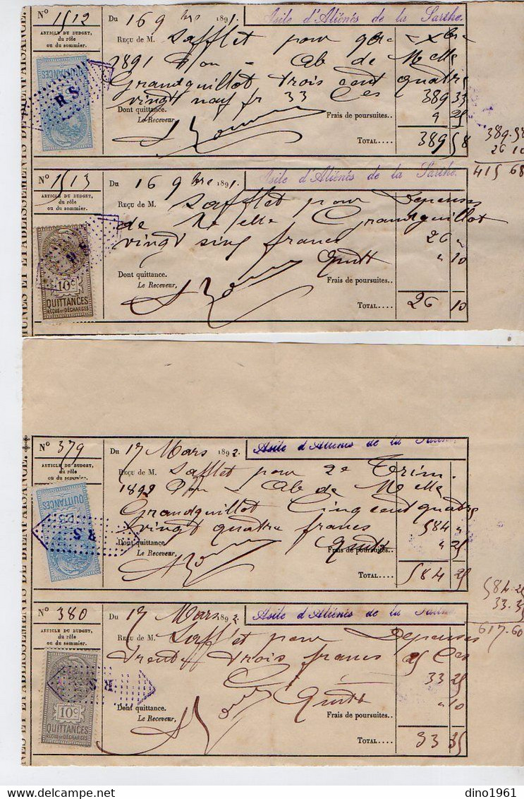 TB 3692 - LE MANS 1890 / 92 - Petit Lot De Timbres Fiscaux Sur Reçus : Asile D'Aliénés De La Sarthe - Melle GRANDGUILLOT - Lettres & Documents