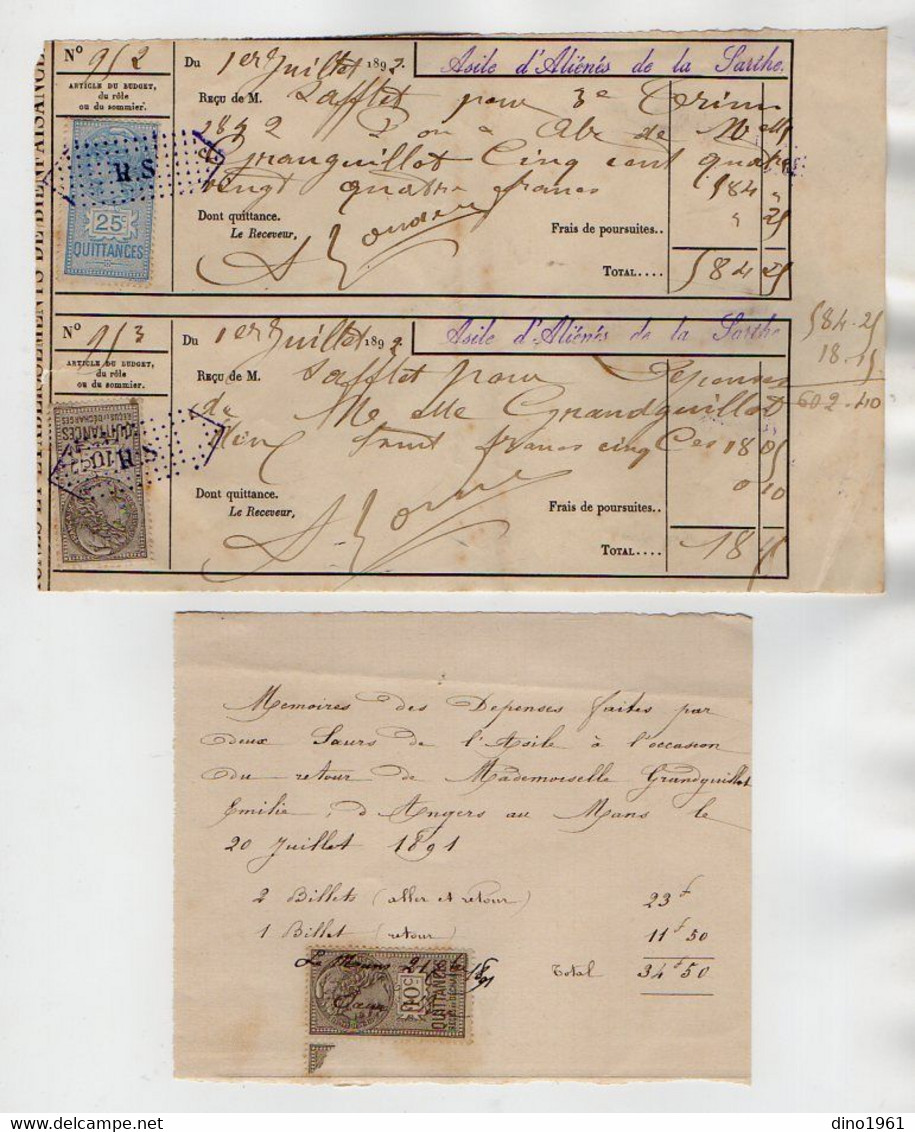 TB 3692 - LE MANS 1890 / 92 - Petit Lot De Timbres Fiscaux Sur Reçus : Asile D'Aliénés De La Sarthe - Melle GRANDGUILLOT - Lettres & Documents